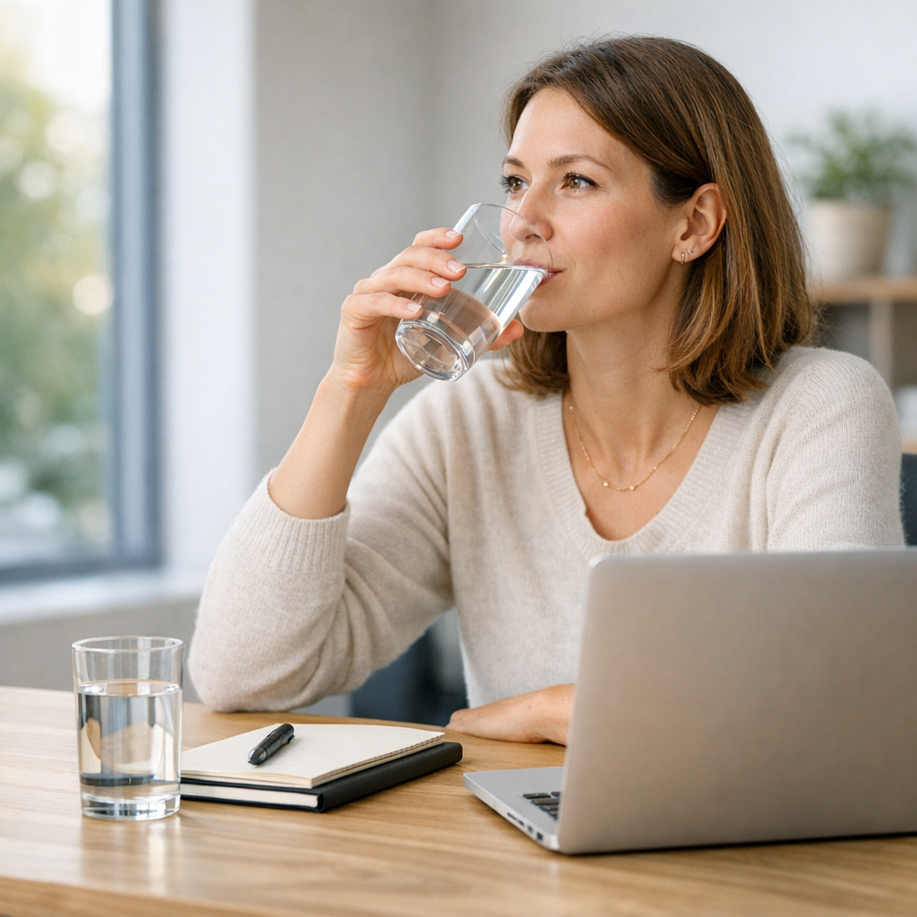 Person at a kitchen table with a glass of water and notebook during an afternoon reset