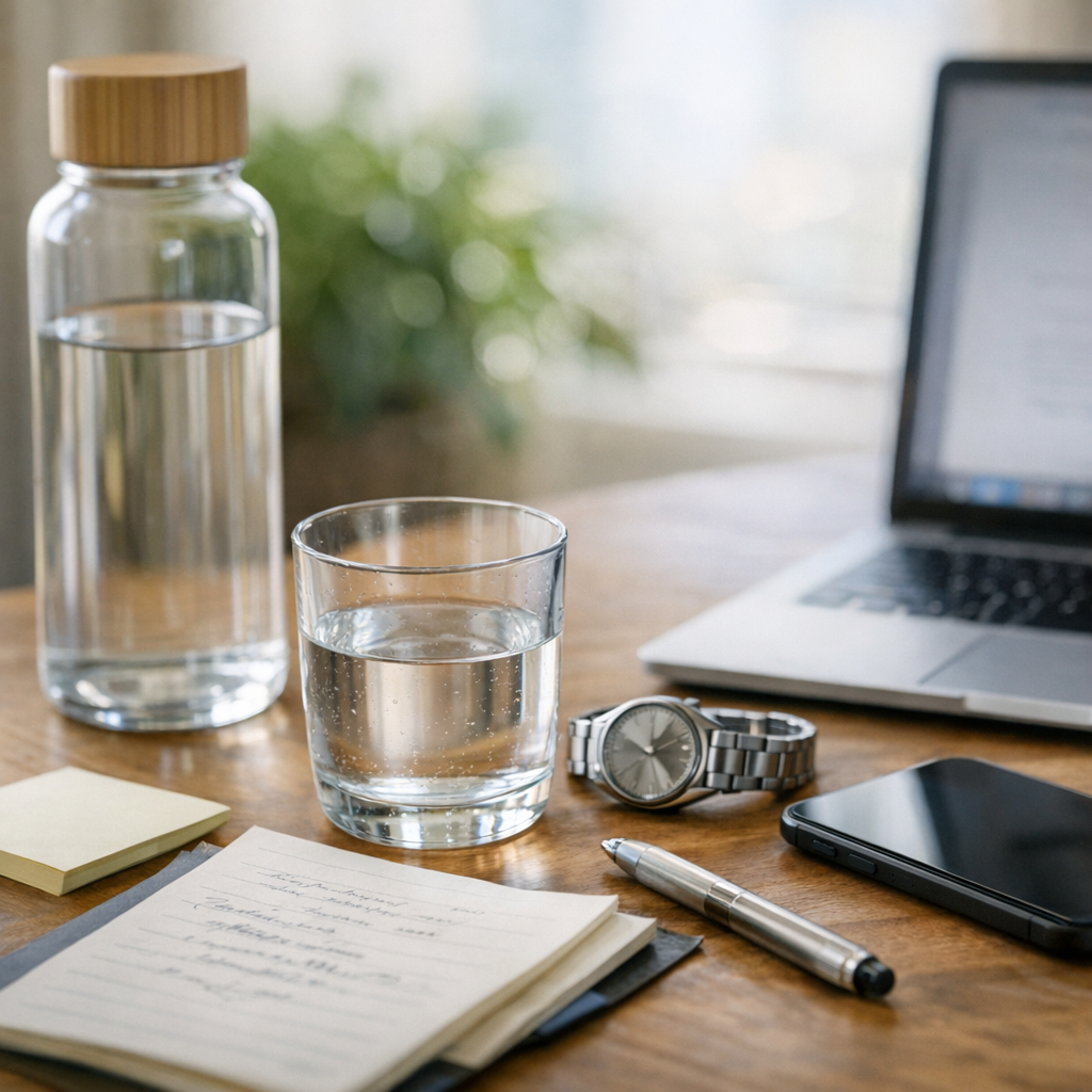 Person writing at a desk with a glass of water and phone during an afternoon reset