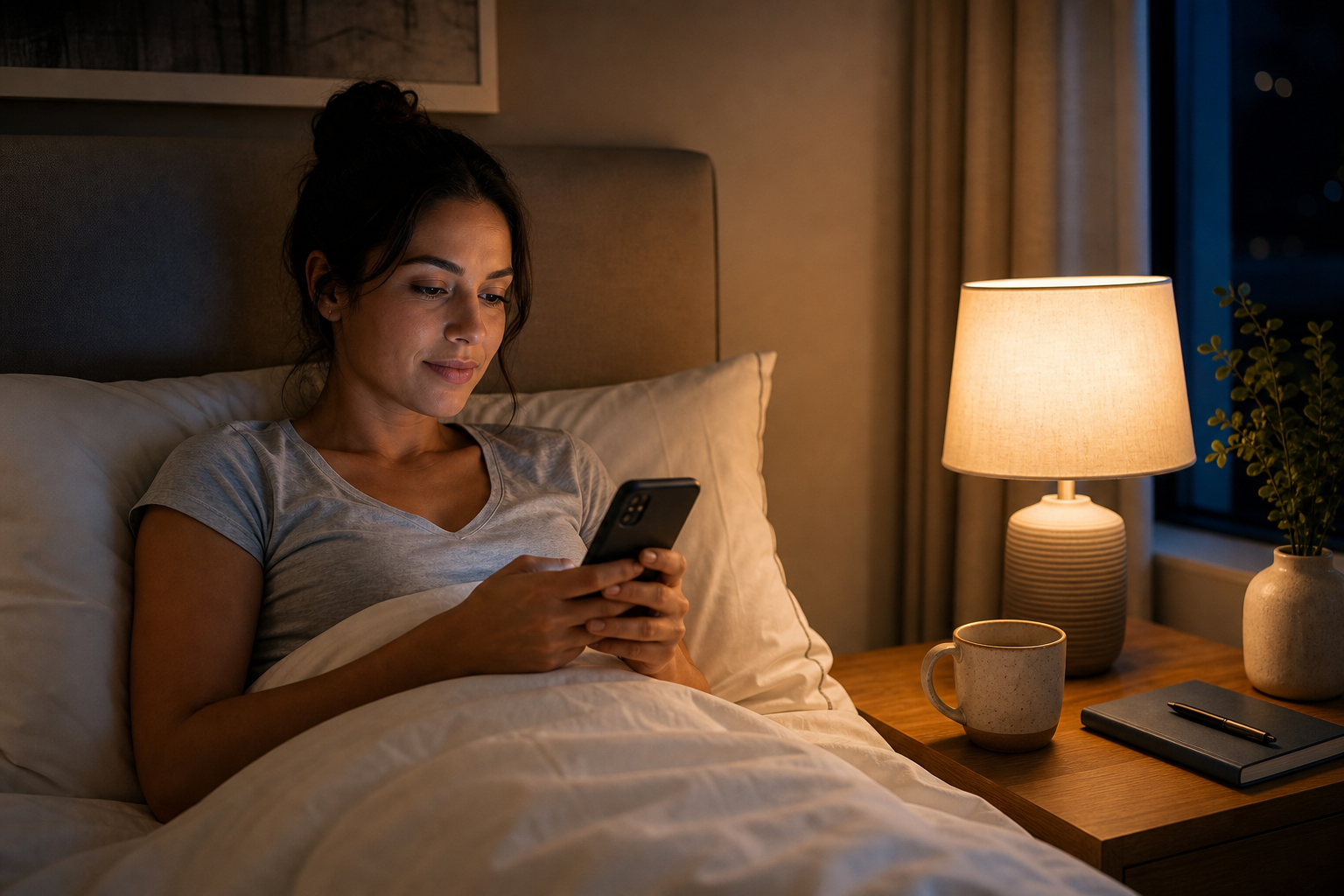 Person looking at a phone in bed beside a coffee cup