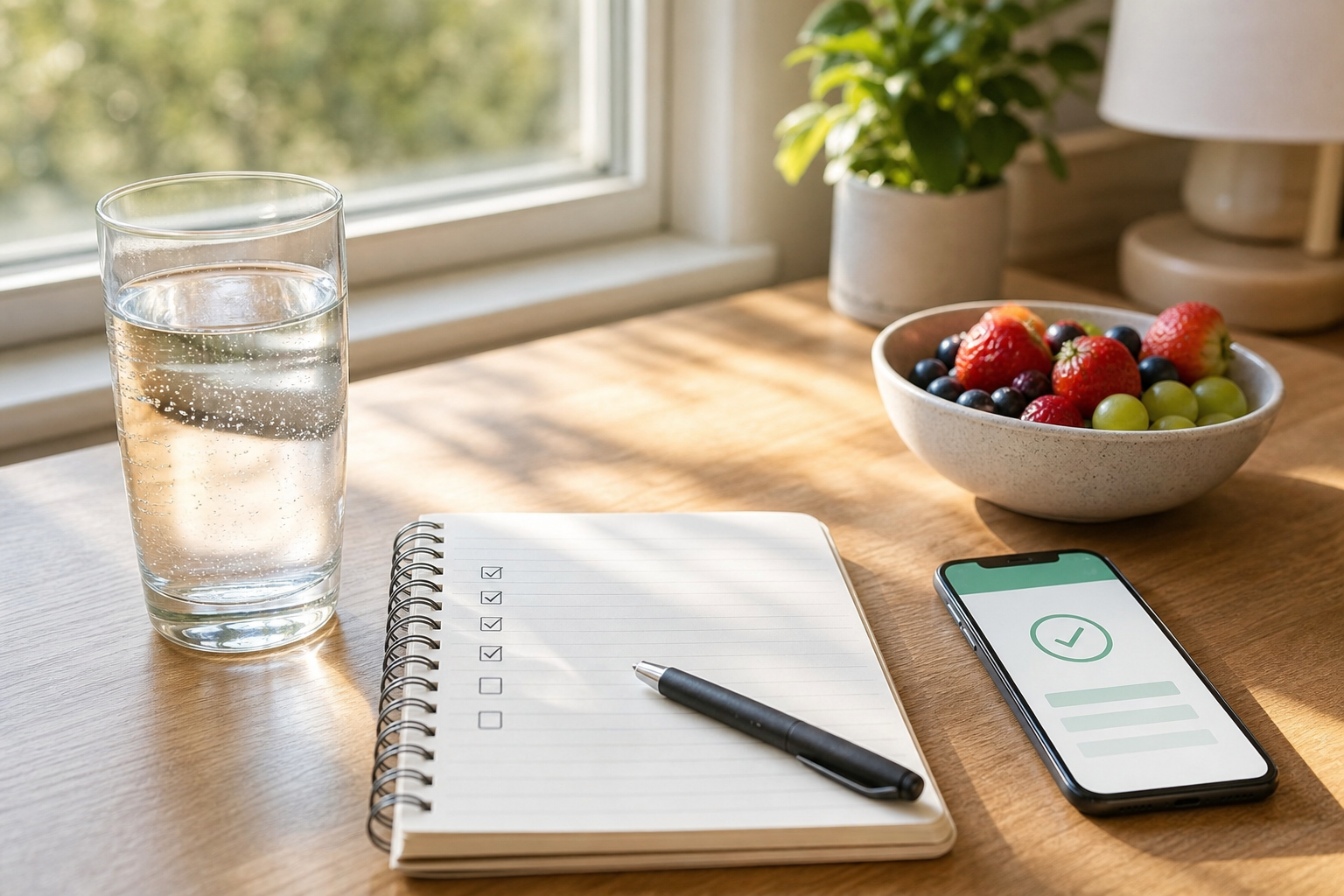 Desk setup with iPhone, notebook, and glass of water
