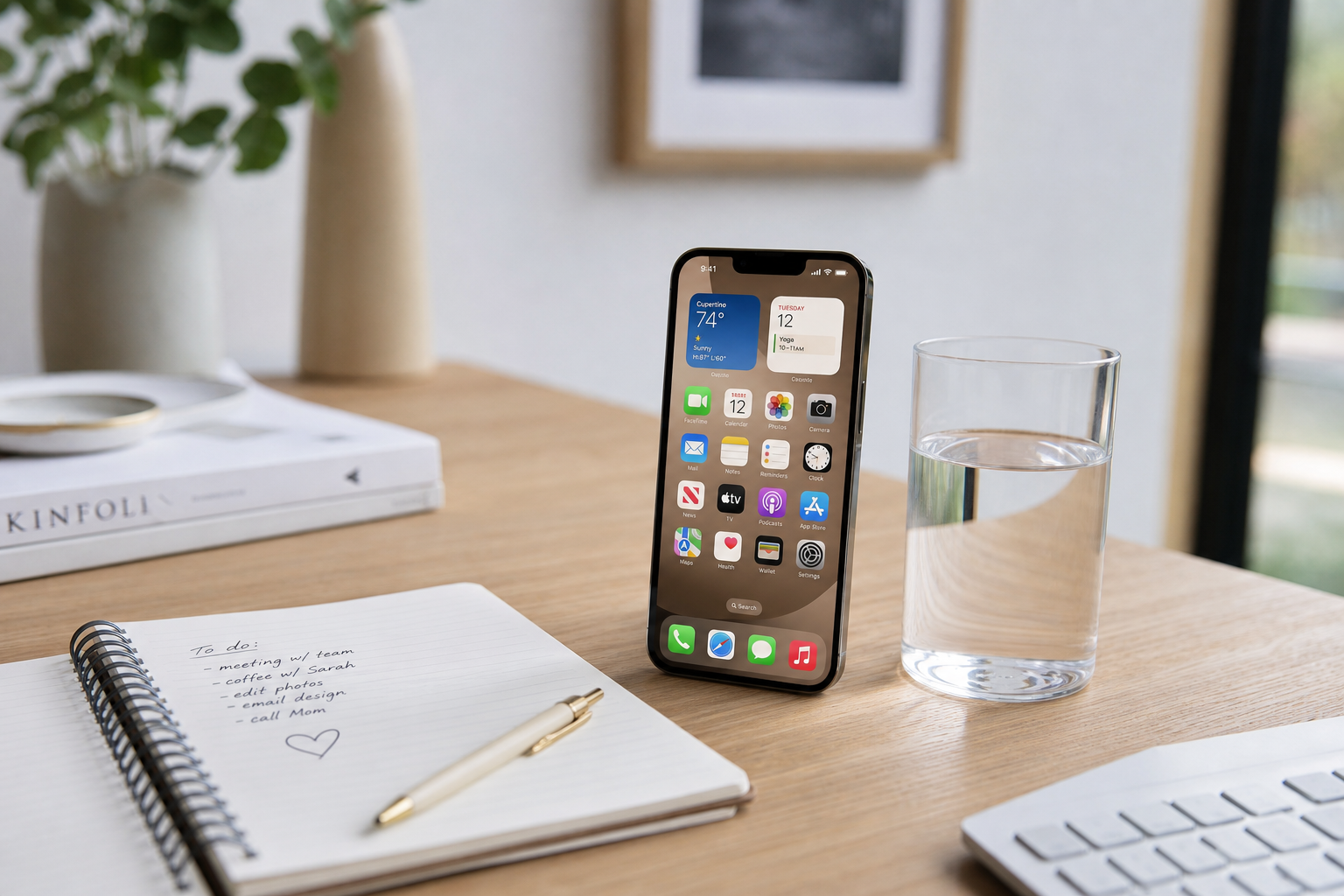 Desk setup with iPhone, notebook, and glass of water