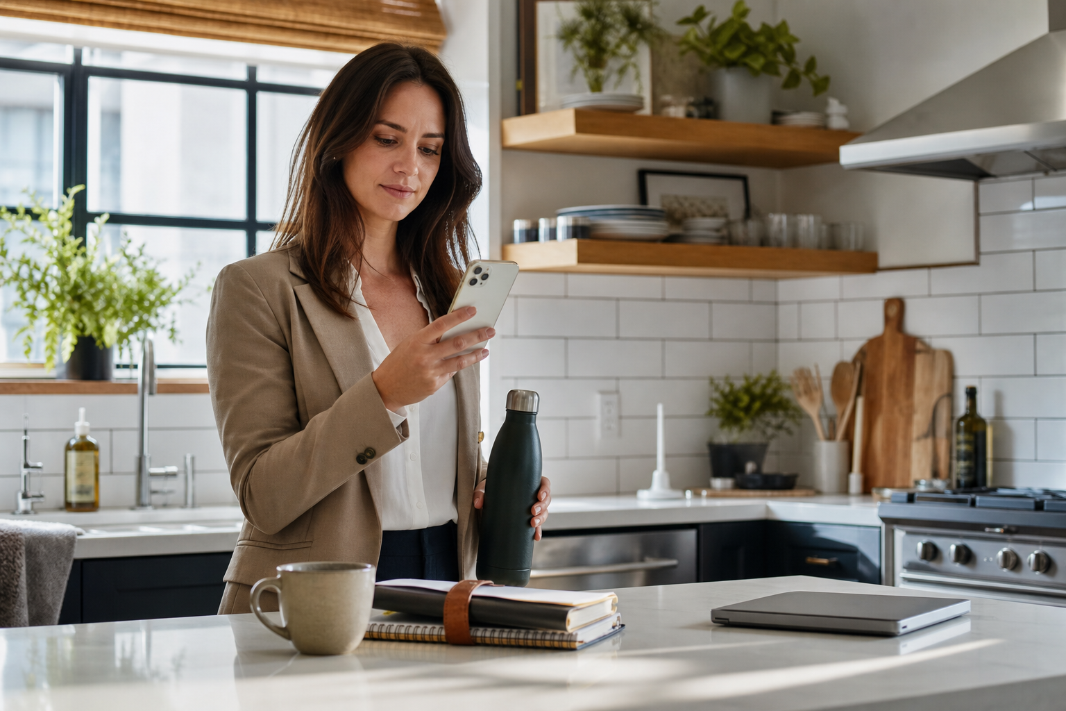 Morning health check-in with phone, water bottle, and notebook