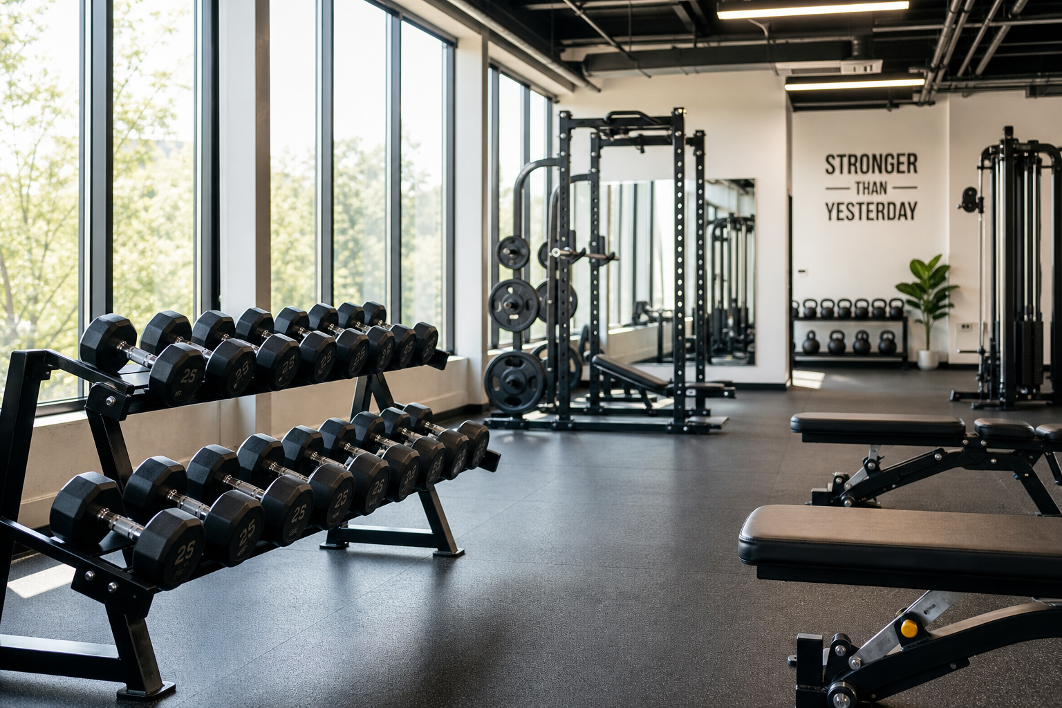 Quiet gym with exercise equipment ready for training
