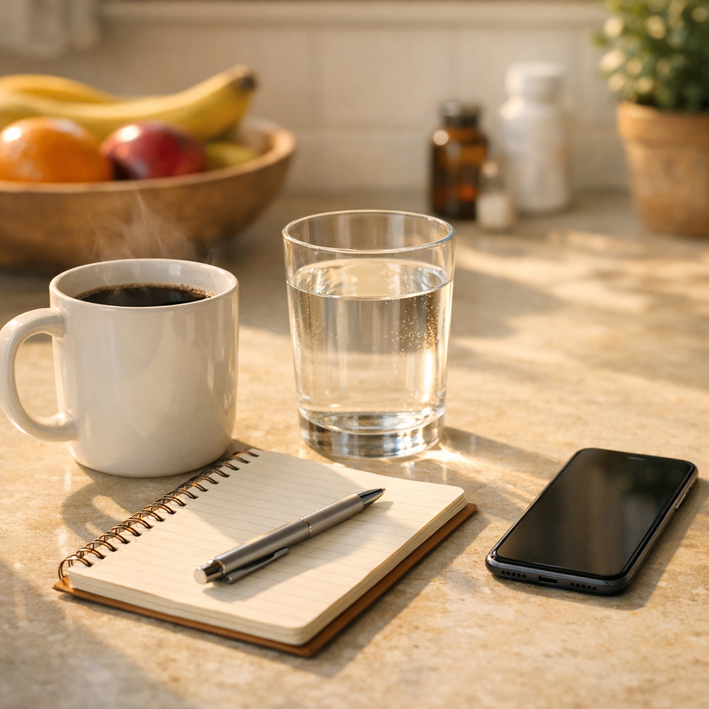 Morning check-in setup with a glass of water, notebook, and phone on a sunny kitchen counter